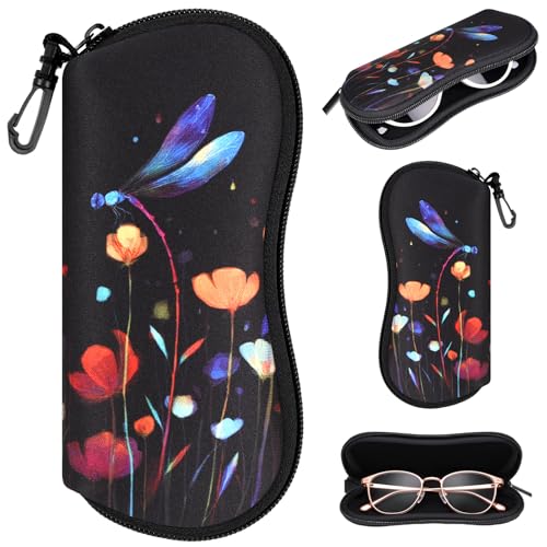Sunglasses Case with Belt Clip, Ultra Light Neoprene Zipper Soft Padded Glasses Case for Women Men - color: Dragonfly