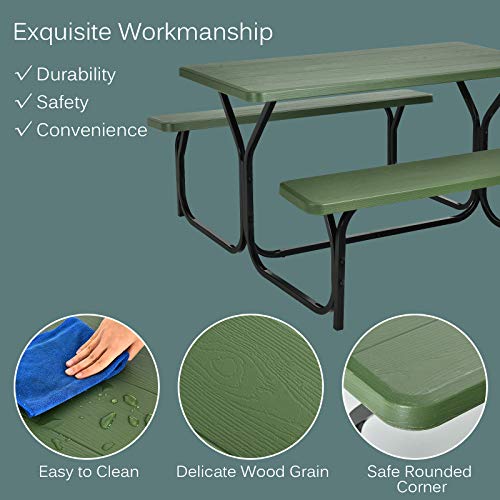 COSTWAY Outdoor Picnic Table, HDPE Plastic Picnic Table Bench Set with Weather Resistant Tabletop & Wood Texture, Ideal for Patio, Backyard (59" D x 54" W x 28.5" H,Green) - color: Green