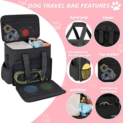 Dog Travel Bag, Large Pet Travel Set with Multi-Function Pockets, 2 Food Storage Containers, 2 Collapsible Bowls, 1 Feeding Mat for Pet Supplies, Road Trip Essentials, Weekend Camping (Black) - color: Obsidian Black