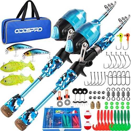 ODDSPRO Kids Fishing Pole Pink, Portable Telescopic Fishing Rod and Reel Combo Kit - with Spincast Fishing Reel Tackle Box for Girls, Youth - color: 2 pack (Blue+Blue), size: 4.92 ft