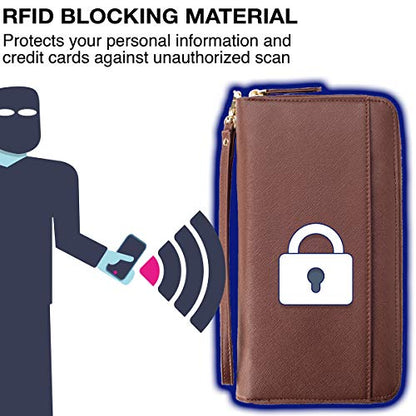 Travel Document Organizer - RFID Passport Wallet Case Family Holder Id Wristlet - color: Family Brown
