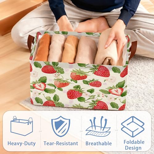Strawberry Storage Baskets,Leaves Foldable Large Capacity Organizer Bins with Waterproof Lining and Leather Handles for Closet,Shelf,Bedroom 17x11.5x10Inch - color: Strawberry Leaves
