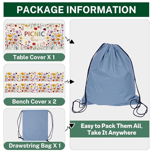 Picnic Table Cover with Bench Covers Elastic Edges, Wildflower Boho Camper Fitted Table Cover, Outdoor Camping Essentials 72 Inch 3PCS, Waterproof Camping Fitted Tablecloth with Drawstring Bag - color: Wildflower Boho, size: 72in
