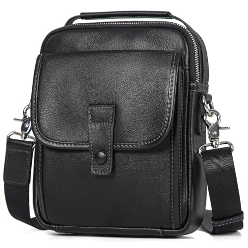 Augus Leather Small Messenger Bag For Men Crossbody Handbag Shoulder Sling Travel Bags for Men Purse Daypack Magnetic Buckle - color: Black-1