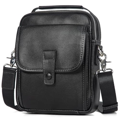 Augus Leather Small Messenger Bag For Men Crossbody Handbag Shoulder Sling Travel Bags for Men Purse Daypack Magnetic Buckle - color: Black-1