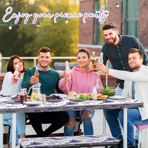Boao 3 Pcs Vinyl Picnic Table Cover with Bench Cover 6 ft 30 x 72 Inch Waterproof Fitted Tablecloth Flannel Backing Rectangular Elastic Edged for Camping Outdoor Patio Travel(Lavender) - color: Lavender