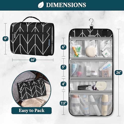 PAVILIA Hanging Toiletry Bag for Women Men, Large Foldable Toiletries Organizer with Hook, Water-Resistant Makeup Cosmetic Rollup Case, Clear Pockets for Bathroom, Gym, Cruise (Black Chevron) - color: Black Chevron