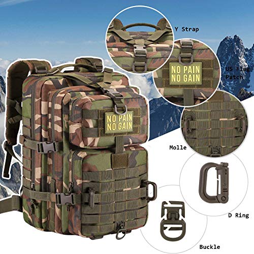 Hannibal Tactical MOLLE Assault Backpack, Tactical Backpack Military Army Camping Rucksack, 3-Day Pack Trip w/Patch, D-Rings, Woodland - color: Woodland