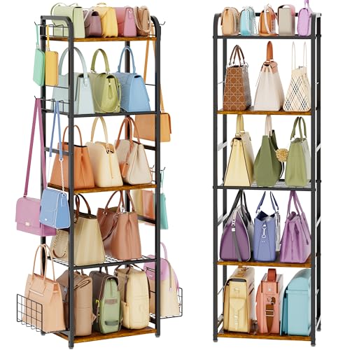 Tall 5-Tier Purse Organizer for Closet, Purse Rack Stand for Purse Storage, Metal & Wood Handbag Organizer with 4 Side Hooks and 2 Baskets, Space-Saving Narrow Purse Shelf for Small Space, Bedroom - color: Black, size: 5-Tier