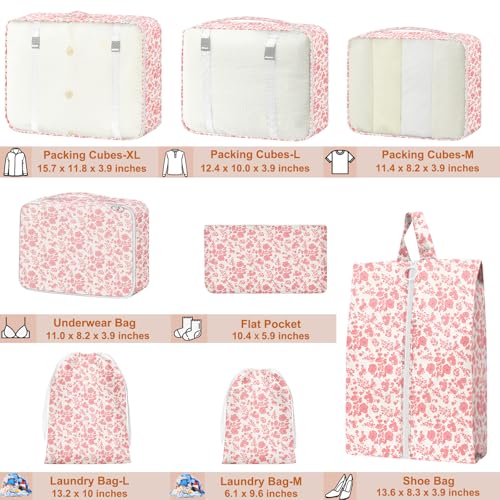 Packing Cubes for Travel - 8 Set Luggage Organizer Bags for Family, Mesh Breathable Packing Cubes for Suitcases Durable Travel Essentials Bags Set - color: Pink Floral