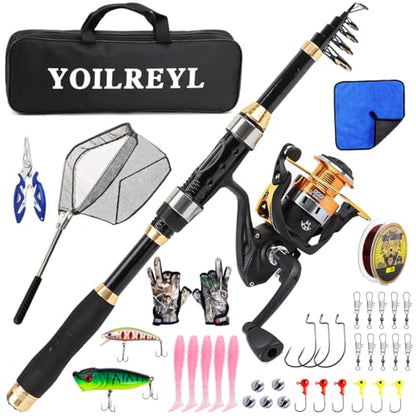 Yoilrey Fishing Rod and Reel Combo – 5.9ft Telescopic Fishing Pole Starter Kit with Spinning Reel, Fishing Line, Lure Box & Tackle Bag for Travel - color: Black and Gold Fish Rod Set