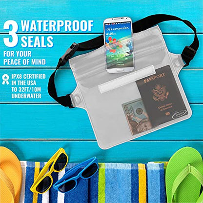 AiRunTech Waterproof Pouch with Waist Strap (2 Pack) | Beach Accessories Best Way to Keep Your Phone and Valuables Safe and Dry | Perfect for Boating Swimming Snorkeling Kayaking Beach Pool Water Park - color: Clear + Clear