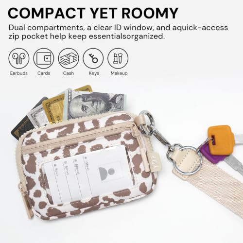 YDF Small Nylon Wristlet Wallet for Women, Minimalist Zip Keychain Coin Purse Card Case with Clear ID Window, Water-Resistant Pouch - color: Beige Leopard