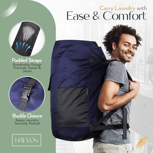 HAEVON Laundry Backpack - 131L Heavy Duty Laundry Bag with Padded Shoulder & Waist Straps, Removable Liner - College, Dorm, Apartment, Travel, Outdoor - Big Laundry Bag for Easy Carrying (Blue Black) - color: Navy Blue and Black