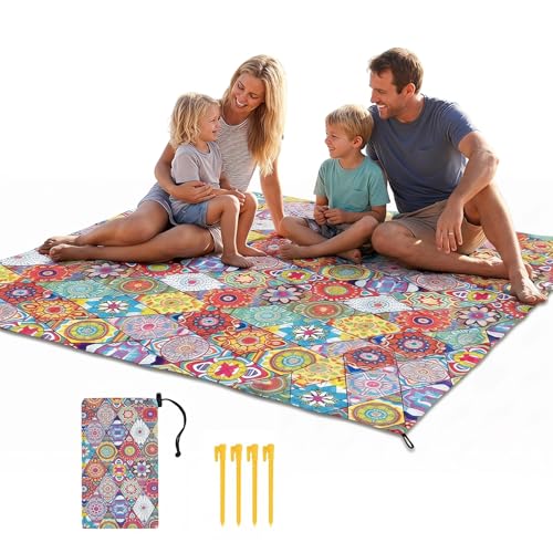 Portable Beach Blanket 6.5'x6.5' - Sand-Free & Lightweight (1lbs) Nylon | Kaleidoscope Pattern Design for Families | Quick-Dry Skin-Friendly Picnic Mat for Beach/Camping - color: Kaleido