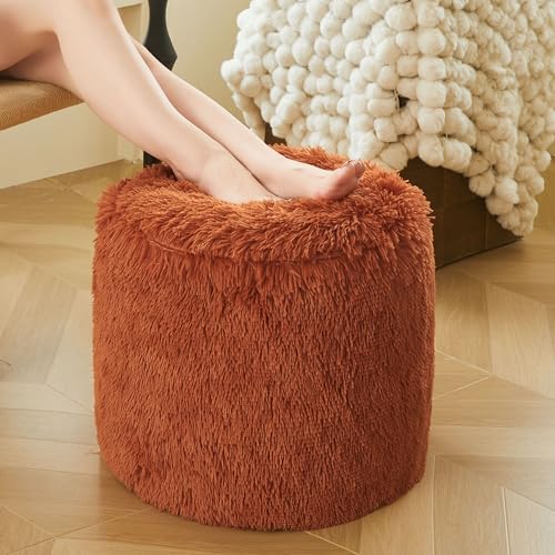 XeGe Fluffy Faux Fur Inflatable Pouf Ottoman, Soft Fuzzy Foot Stool, Plush Furry Foot Rest Floor Pouf Anti-Slip for Kids Girls Adult, Cute Foldable Round Ottoman Cushion Living Room, Burnt Orange - color: Burnt Orange, size: 20"x20"x16"