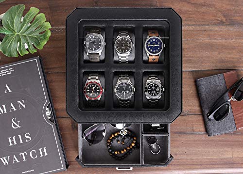 ROTHWELL Gift Set 6 Slot Leather Watch Box and 2 Watch Travel Case - Luxury Case Organizer, Microsuede Liner, Locking Mens Jewelry Watches Holder, Storage Boxes Glass Top (Black/Grey Gift Set) - color: 6 Slot - Black/Grey Gift Set