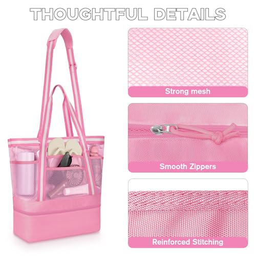 WOOMADA Beach Tote Bag With Cooler, Large Mesh Beach Bags for Women with Wet Pocket, Pool, Swim, Travel Essentials - color: Hot Pink White