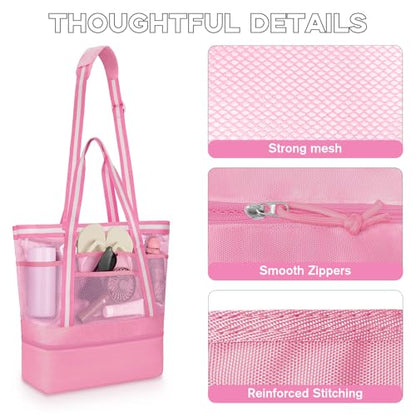 WOOMADA Beach Tote Bag With Cooler, Large Mesh Beach Bags for Women with Wet Pocket, Pool, Swim, Travel Essentials - color: Hot Pink White