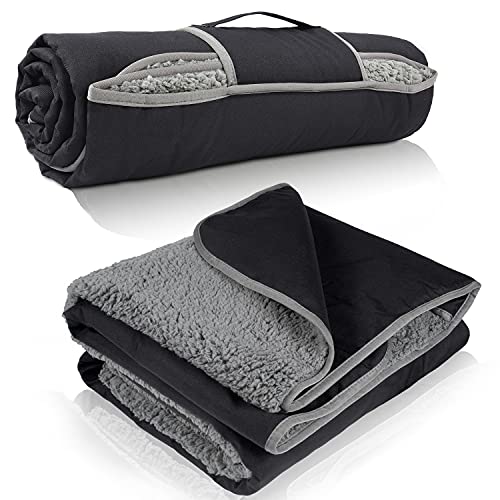 Tirrinia Waterproof Outdoor Blanket with Sherpa Lining, Windproof Triple Layers Warm Comfy Foldable for Camping Stadium, Beach, Picnic, Grass, Concerts, Car, Dog, 51''X 59'' & 59''X 80'' - color: Black/Grey, size: 66” x 90”