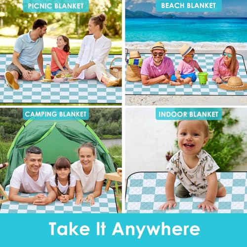 Waterproof Picnic Outdoor Blanket, 79" x 59" Sandproof Foldable Large Picnic Blanket for Beach, Camping, Park, Travel, Concert, Great Gift for Families and Couples (Aqua Checkered) - color: Aqua Checked