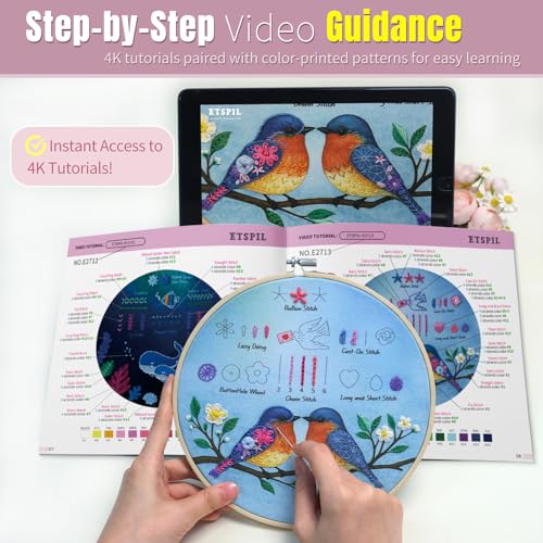 ETSPIL Beginner Embroidery Kit for Adults, 3-Pack Full-Color Stamped Animal Designs, Companionship Theme, Master 19 Stitches with 4K Step-by-Step Videos & Needle Minder, Easy Craft Gift for Teens - color: Companion F