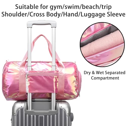 Gym Bag Sports Duffle Bag with Wet Pocket Weekender Overnight Bag with Waterproof Shoe Pouch and Air Hole for Girls Kids Women Travel Foldable Bag - color: W-Pink