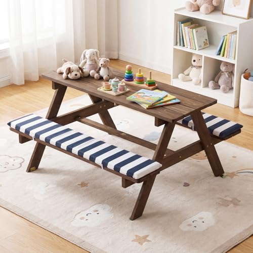Costzon Kids Picnic Table, Wooden Toddler Outdoor Table & Bench Set with Removable Umbrella & Cushions, Stripe Fabric, Kids Outdoor Furniture for Patio Backyard Garden, Fits 4 Children Age 3+ (Navy)