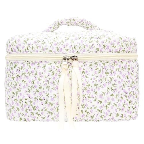 PAZIMIIK Quilted Makeup Bag Large Travel Zipper Soft Cosmetic Case for Women Girls Make Up,Floral Purple - color: Floral Purple, size: 1 PCS Bag