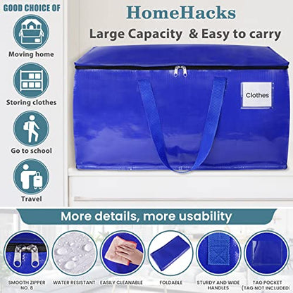 HomeHacks Moving Bags Heavy Duty with Strong Zippers and Handles Collapsible Moving Supplies, Storage Totes for Packing & Moving Storing 93L,6-Pack, Blue - size: 93L-6 Packs