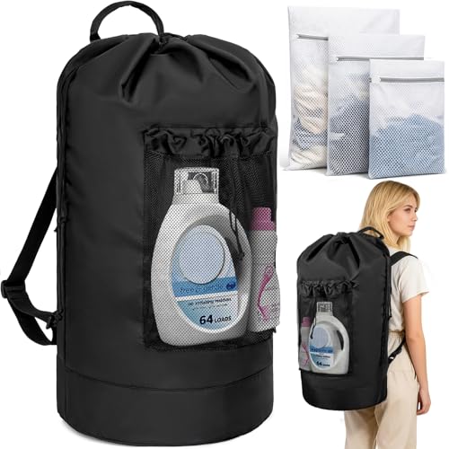 150L Laundry Bag Backpack with 3 Sizes Mesh Wash Bags and Shoulder Straps Foldable Clothes Hamper Bag with Drawstring Closure for College, Apartment, Laundromat（Black） - color: Black