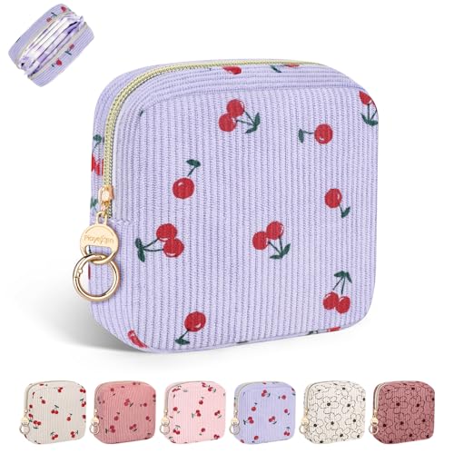 Period Bag for Teen Girls, Corduroy Sanitary Napkin Storage Bag, Menstrual Pad Pouches Tampon Holder for Purse (Cherry-Light Purple) - color: Cherry-light Purple