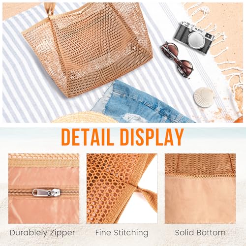 HOHOM Beach Bags for Women, Summer Travel Mesh Tote Bag with Large Inner Pocket, Sandproof Woven Shoulder Handbag - color: Tan