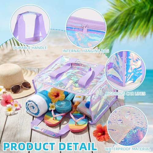 Hsei 6 Pcs Clear Iridescent Beach Bag with Phone Pouch for Women Beach Travel Large Waterproof Tote Bags for Vacation Picnic - color: Iridescent Purple
