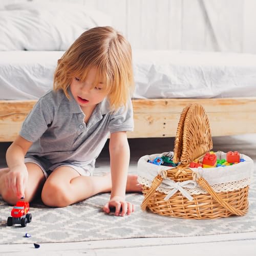 Happypicnic 12" Picnic Basket - Small Wicker Basket with Foldable Handle Lid & Removable Liner | Cute Picnic Basket Toy Empty for Kids, Gift, Halloween, Christmas, Valentines, Easter, Birthday, Solid - color: Solid, size: Small