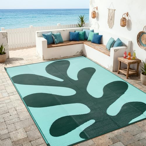 Lahome Plastic Coastal 6x9 Outdoor Rugs for Patios, Cartoon Coral Camping Rugs for Outside Your Rv, Stain Resistant Lightweight Carpet for Beach Picnic Deck, Green 6'x9' - color: Aqua Green, size: 6' x 9' (Rectangular)