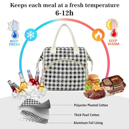 LOKASS Insulated Lunch Bag Women- Reusable 10 L Lunch Box for Women - Leakproof Tote Cooler Bag for Adults Work, Beach, Travel, Picnic （Black&White Diamond Grid） - color: Black Check