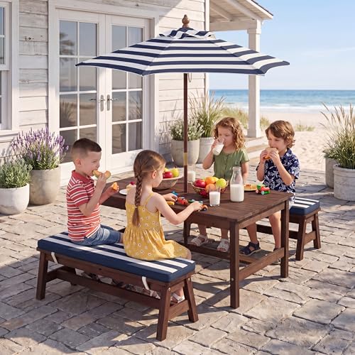 HONEY JOY Kids Picnic Table, Large 42” x 23” Tabletop, Fir Wood Toddler Outdoor Table & Bench Set w/Removable Cushions & Umbrella, Children Backyard Furniture for Patio Garden, Seats for 4 (Blue) - color: Blue