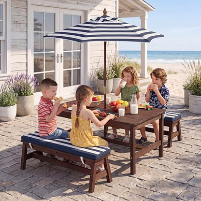 HONEY JOY Kids Picnic Table, Large 42” x 23” Tabletop, Fir Wood Toddler Outdoor Table & Bench Set w/Removable Cushions & Umbrella, Children Backyard Furniture for Patio Garden, Seats for 4 (Blue) - color: Blue
