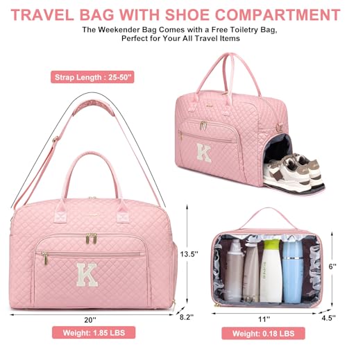 Letter Travel Duffle Bags for Women - Initial Personalized Weekender Bag with Shoe Compartment Carry On Overnight Bag with Toiletry Bag Duffel Bags Hospital Bags Birthday Gifts Pink (Letter K) - color: Z-Pink K