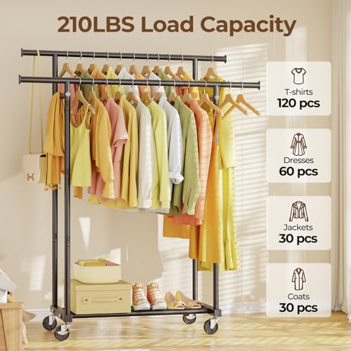 HYSEYY Double Rods Clothes Rack, Rolling Clothing Rack for Hanging Clothes Portable Wardrobe Rack, Metal Garment Rack Sturdy Coat Rack for Bedroom Laundry Living Room, Black - color: Black, style: Modern