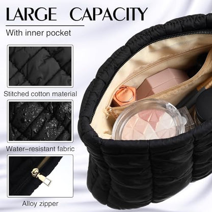 Hillban 1 Pcs Black Puffy Quilted Makeup Bag Quilted Cosmetic Bag Cute Puffer Toiletry Checkered Pouch Aesthetic Travel Makeup Brushes Organizer (Classic) - color: Black, size: Classic