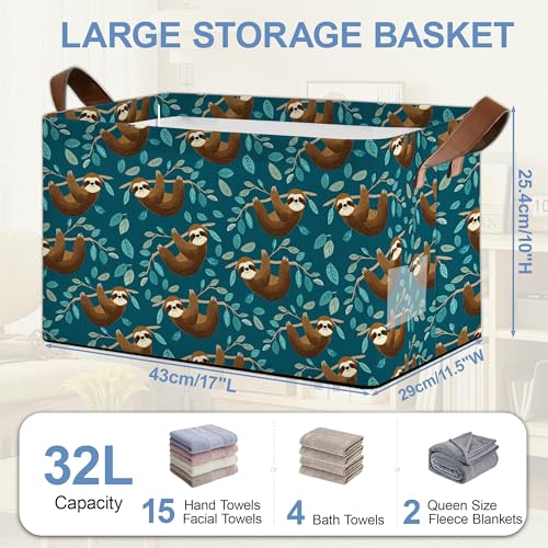 Funny Sloth Storage Baskets,Leaves Foldable Organizer Bin with Handles for Home Living Room Bedroom Closet Box 17x11.5x10Inch - color: Funny Sloth Leaves
