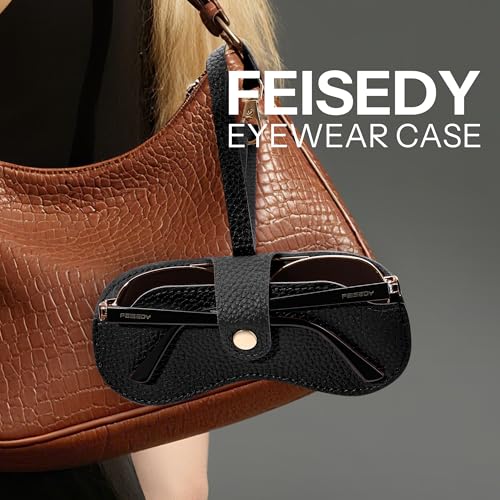 FEISEDY Soft Leather Sunglass Case-Slim Portable Glasses Holder with Button-Closure Wrist Strap for Travel & Outdoor B0308 - color: Black