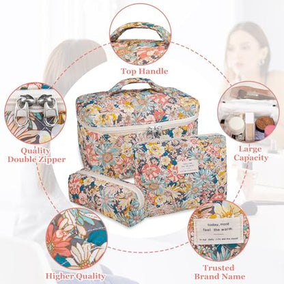Gosect Makeup Bag Set, Quilted Makeup Bag, Large Floral Cosmetic Bag for Women, Cute Cotton Makeup Bags, Flower Travel Toiletry Organizer Bag (South Twigs Flower) - color: South Twigs Flower