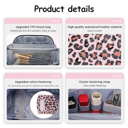 BOYATU Travel Makeup Bag Organizer: 3 Pcs Set Leopard Make up Bag for Women | Vegan Leather Cosmetic Bags with Compartments - Waterproof Toiletry Bag - 180° Open-Flat Make up Case for 3-15 Day Trips - color: 03-Pink