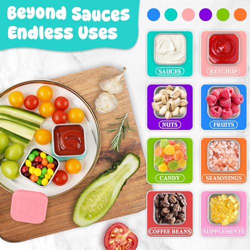 LIEMAND 6x2.7oz Salad Dressing Container to Go, Leakproof Reusable Stainless Steel small container with lid,Sauce Containers for Lunch box,Picnics,Travel,Office and Meal Prep-Square - color: Rainbow, size: 2.7oz-Square