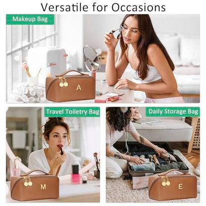 Initial Makeup Bag Gifts for Women Bridesmaid Gifts Travel Toiletry Personalized PU Leather Waterproof Cosmetic Bag (Medium-Brown-V) - color: MediumBrown, style: V