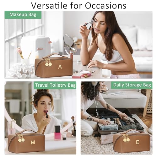 Initial Makeup Bag Gifts for Women Bridesmaid Gifts Travel Toiletry Personalized PU Leather Waterproof Cosmetic Bag (Medium-Brown-H) - color: MediumBrown, style: H
