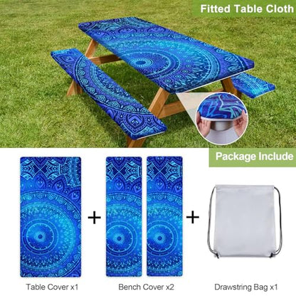 Picnic Table Cover with Bench Covers 6FT 3 Pcs Waterproof Windproof Aesthetic Camping Tablecloth with Drawstring Bag, Fitted for 6 Foot Rectangle Tables and Seats, 72 inch, Dark Blue Green - color: Dark Blue Green